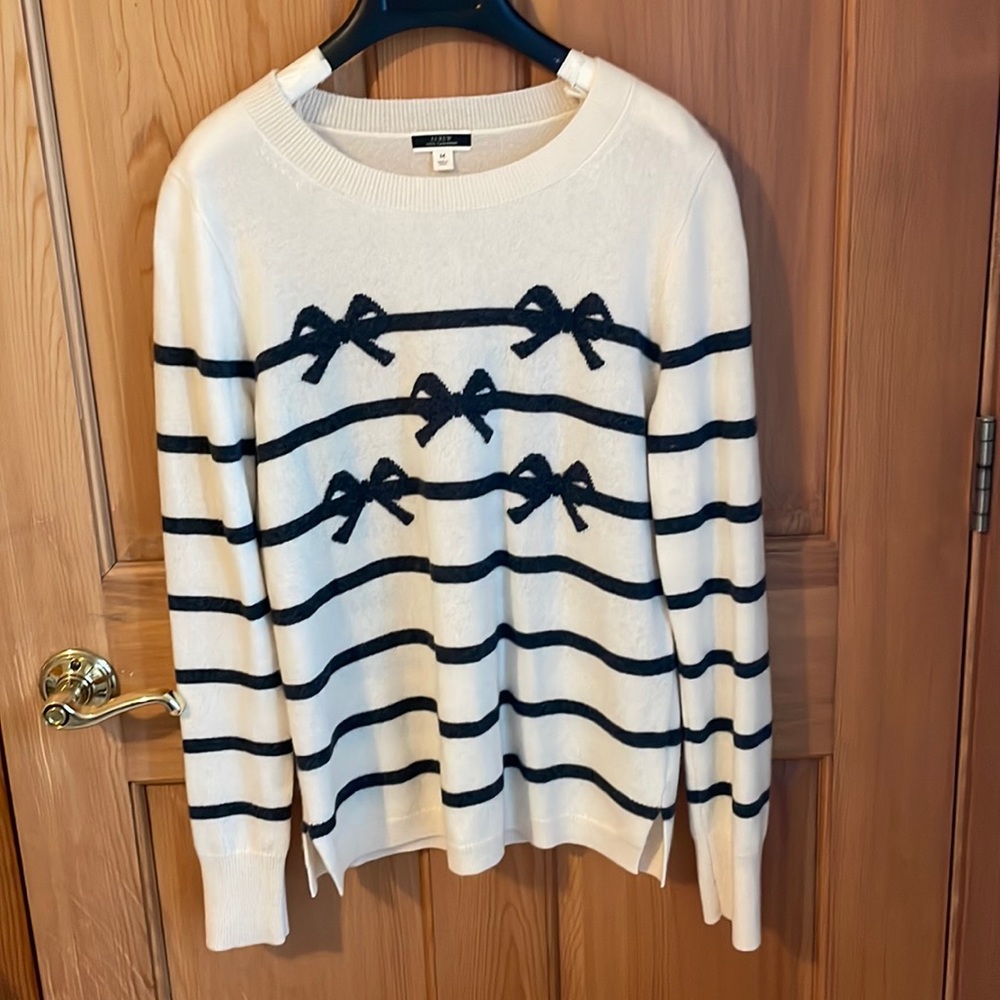 J. Crew Cashmere Cream and Navy Blue Now Medium Sweater